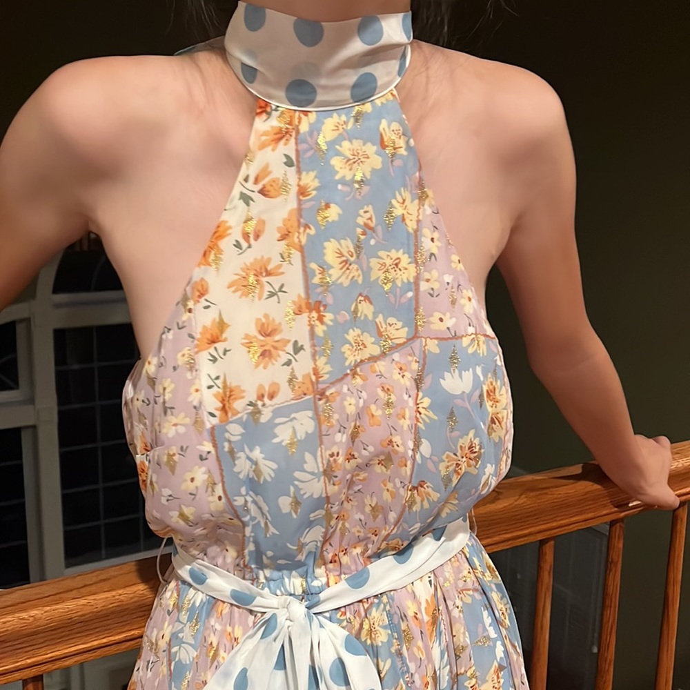 FOREVER UNIQUE Halter Gold Blue Purple Floral Handkerchief Hem Dress, Sz 2 NWT - Picture 4 of 12